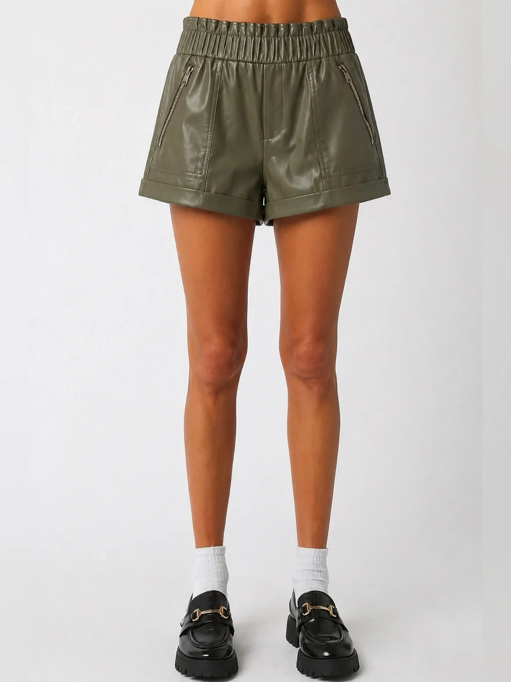 Stella Dallas Faux Leather Olive Green High Waisted Shorts Size M